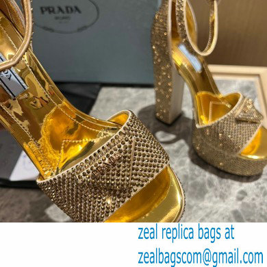 Prada Heel 13.5cm leather platform sandals 1XP48B Metallic Gold with crystals 2023