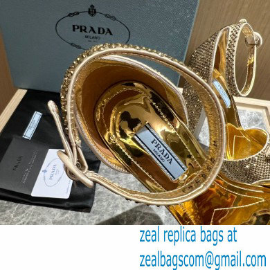 Prada Heel 13.5cm leather platform sandals 1XP48B Metallic Gold with crystals 2023 - Click Image to Close