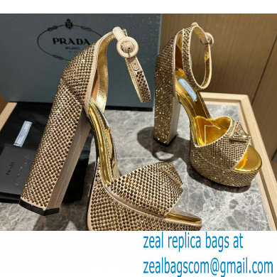 Prada Heel 13.5cm leather platform sandals 1XP48B Metallic Gold with crystals 2023 - Click Image to Close