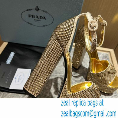 Prada Heel 13.5cm leather platform sandals 1XP48B Metallic Gold with crystals 2023 - Click Image to Close