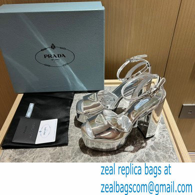 Prada Heel 13.5cm leather platform sandals 1XP48B Metallic Silver 2023