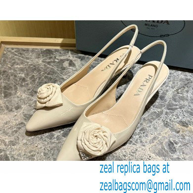 Prada Heel 5.5cm flower-applique Slingback Pumps Beige 2023 - Click Image to Close