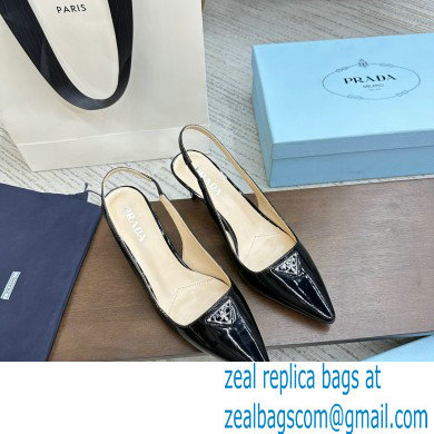 Prada Heel 5cm Patent Leather logo-plaque Slingback Pumps Black 2023