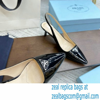 Prada Heel 5cm Patent Leather logo-plaque Slingback Pumps Black 2023