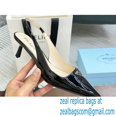 Prada Heel 5cm Patent Leather logo-plaque Slingback Pumps Black 2023