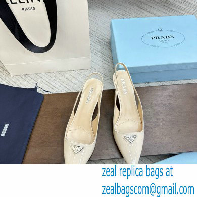 Prada Heel 5cm Patent Leather logo-plaque Slingback Pumps White 2023