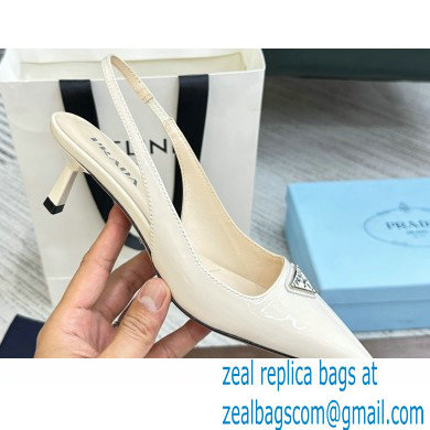 Prada Heel 5cm Patent Leather logo-plaque Slingback Pumps White 2023