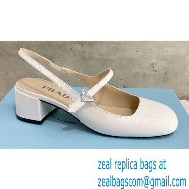Prada Heel 5cm Triangle Logo Leather Slingback Pumps White 2023