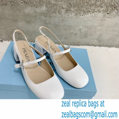 Prada Heel 5cm Triangle Logo Leather Slingback Pumps White 2023