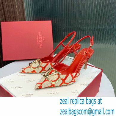 Valentino VLOGO SIGNATURE SLINGBACK PUMP IN TOILE ICONOGRAPHE 80MM beige/red 2023