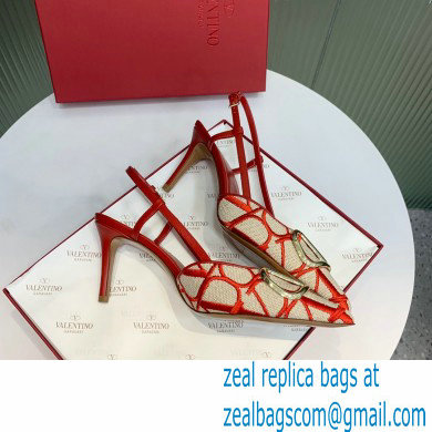 Valentino VLOGO SIGNATURE SLINGBACK PUMP IN TOILE ICONOGRAPHE 80MM beige/red 2023