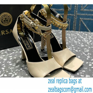 Versace Heel 10.5cm Mismatched Medusa Chain Leather Sandals Beige 2023 - Click Image to Close