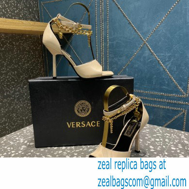 Versace Heel 10.5cm Mismatched Medusa Chain Leather Sandals Beige 2023 - Click Image to Close