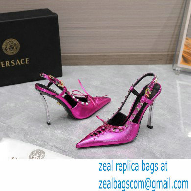 Versace Heel 10cm Laced Pin-Point Slingback Pumps Metallic Fuchsia 2023 - Click Image to Close