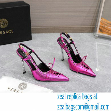 Versace Heel 10cm Laced Pin-Point Slingback Pumps Metallic Fuchsia 2023