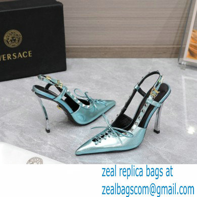 Versace Heel 10cm Laced Pin-Point Slingback Pumps Metallic Green 2023