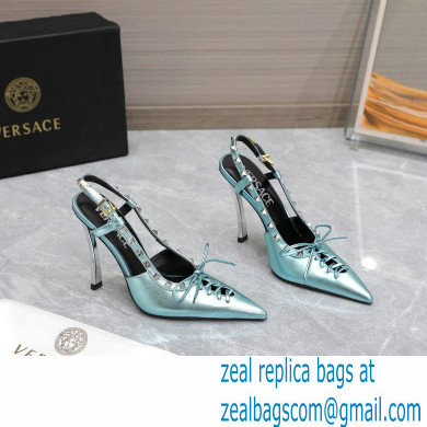 Versace Heel 10cm Laced Pin-Point Slingback Pumps Metallic Green 2023