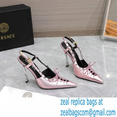 Versace Heel 10cm Laced Pin-Point Slingback Pumps Metallic Pink 2023