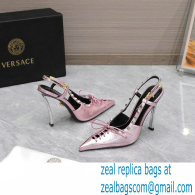 Versace Heel 10cm Laced Pin-Point Slingback Pumps Metallic Pink 2023