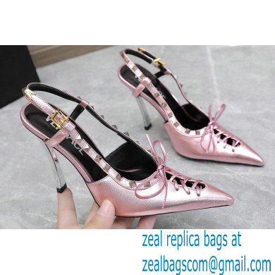 Versace Heel 10cm Laced Pin-Point Slingback Pumps Metallic Pink 2023