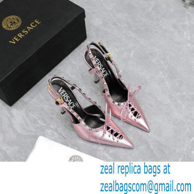 Versace Heel 10cm Laced Pin-Point Slingback Pumps Metallic Pink 2023