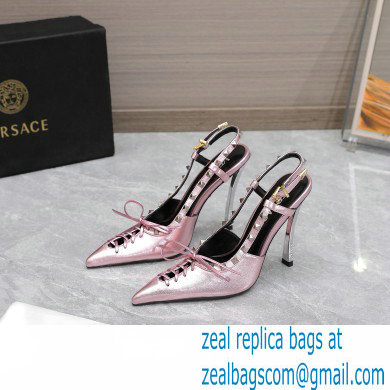 Versace Heel 10cm Laced Pin-Point Slingback Pumps Metallic Pink 2023 - Click Image to Close