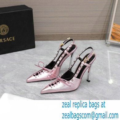 Versace Heel 10cm Laced Pin-Point Slingback Pumps Metallic Pink 2023