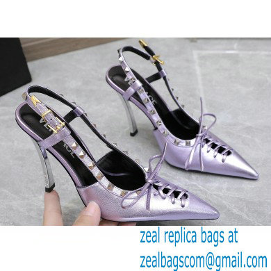 Versace Heel 10cm Laced Pin-Point Slingback Pumps Metallic Purple 2023 - Click Image to Close