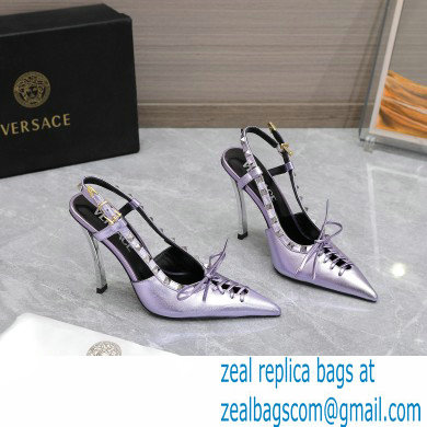 Versace Heel 10cm Laced Pin-Point Slingback Pumps Metallic Purple 2023