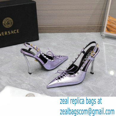 Versace Heel 10cm Laced Pin-Point Slingback Pumps Metallic Purple 2023