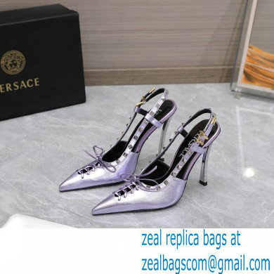 Versace Heel 10cm Laced Pin-Point Slingback Pumps Metallic Purple 2023 - Click Image to Close