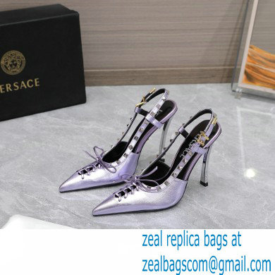 Versace Heel 10cm Laced Pin-Point Slingback Pumps Metallic Purple 2023