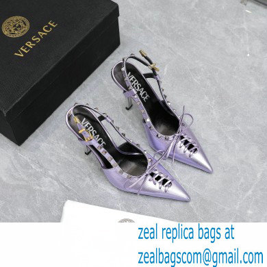 Versace Heel 10cm Laced Pin-Point Slingback Pumps Metallic Purple 2023 - Click Image to Close