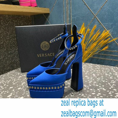 Versace Heel 15.5cm Platform 5.5cm Aevitas Pointy stud Pumps Satin Blue 2023 - Click Image to Close