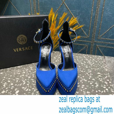 Versace Heel 15.5cm Platform 5.5cm Aevitas Pointy stud Pumps Satin Blue 2023 - Click Image to Close