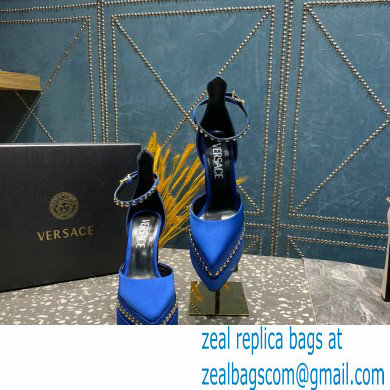Versace Heel 15.5cm Platform 5.5cm Aevitas Pointy stud Pumps Satin Blue 2023 - Click Image to Close