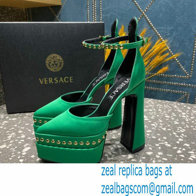 Versace Heel 15.5cm Platform 5.5cm Aevitas Pointy stud Pumps Satin Green 2023 - Click Image to Close