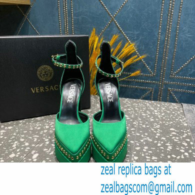 Versace Heel 15.5cm Platform 5.5cm Aevitas Pointy stud Pumps Satin Green 2023 - Click Image to Close