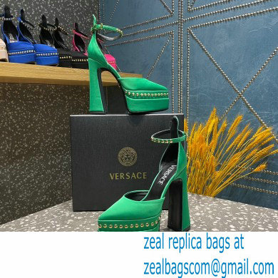 Versace Heel 15.5cm Platform 5.5cm Aevitas Pointy stud Pumps Satin Green 2023 - Click Image to Close