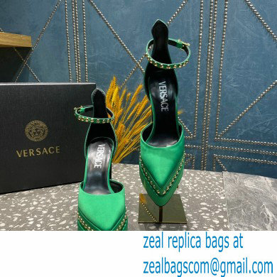 Versace Heel 15.5cm Platform 5.5cm Aevitas Pointy stud Pumps Satin Green 2023 - Click Image to Close