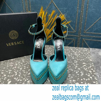 Versace Heel 15.5cm Platform 5.5cm Aevitas Pointy stud Pumps Satin Turquoise Green 2023 - Click Image to Close