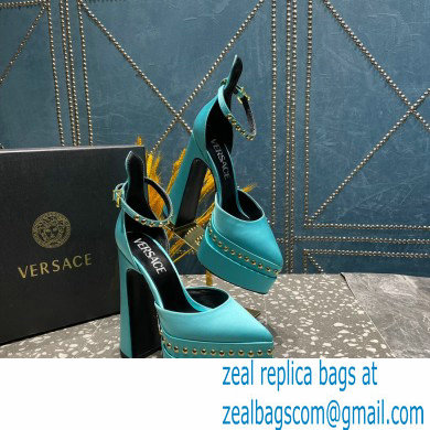 Versace Heel 15.5cm Platform 5.5cm Aevitas Pointy stud Pumps Satin Turquoise Green 2023 - Click Image to Close