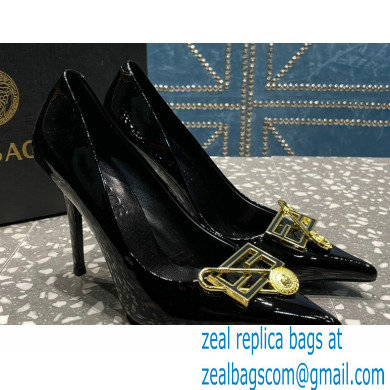 Versace Heel 9.5cm Brooch Baguette Pumps Patent Black 2023