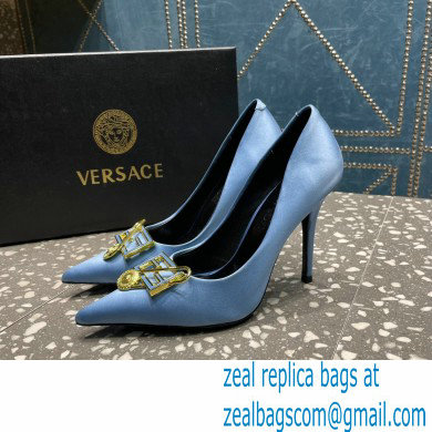 Versace Heel 9.5cm Brooch Baguette Pumps Satin Blue 2023 - Click Image to Close