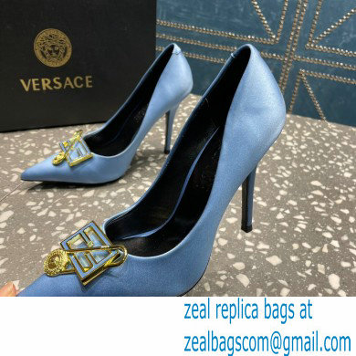 Versace Heel 9.5cm Brooch Baguette Pumps Satin Blue 2023 - Click Image to Close