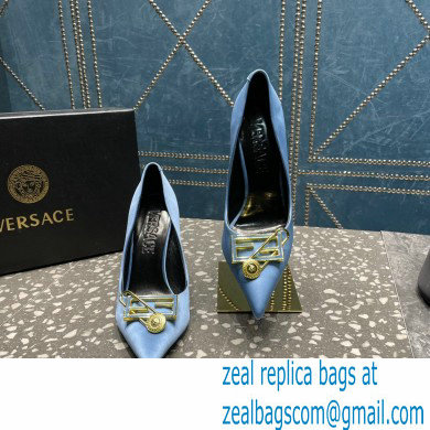 Versace Heel 9.5cm Brooch Baguette Pumps Satin Blue 2023 - Click Image to Close