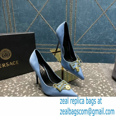 Versace Heel 9.5cm Brooch Baguette Pumps Satin Blue 2023 - Click Image to Close