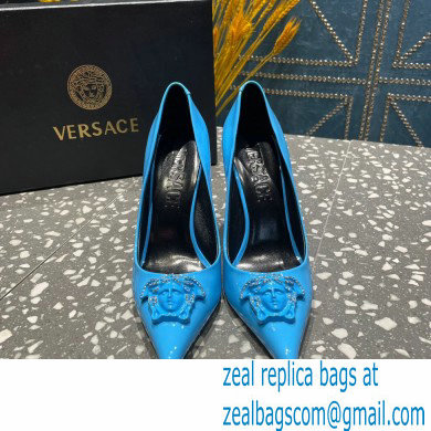 Versace Heel 9.5cm La Medusa Pumps Patent Blue 2023 - Click Image to Close