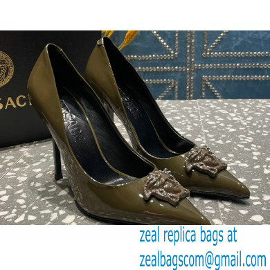 Versace Heel 9.5cm La Medusa Pumps Patent Olive Green 2023 - Click Image to Close