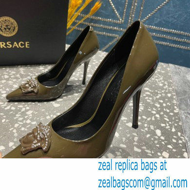 Versace Heel 9.5cm La Medusa Pumps Patent Olive Green 2023 - Click Image to Close